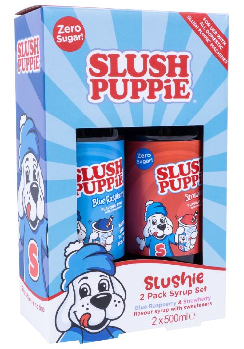 verweist auf: Produktfoto SLUSH PUPPiE ZERO 2 Pack Syrup Set - Blue Raspberry & Strawberry flavour syrup with sweeteners (Quelle: Fizz Creations Ltd) Abgebildet ist eine blau-rot bedruckte Pappverpackung mit den Slush Puppie Sirups in den Geschmacksrichtungen Blue Raspberry und Strawberry