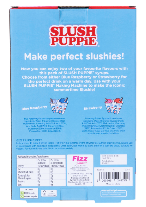 verweist auf: Produktfoto (Rückseite) SLUSH PUPPiE ZERO 2 Pack Syrup Set - Blue Raspberry & Strawberry flavour syrup with sweeteners (Quelle: Fizz Creations Ltd) Abgebildet ist die Rückseite mit Kennzeichnung der blau-rot bedruckten Pappverpackung der Geschmacksrichtungen Blue Raspberry und Strawberry