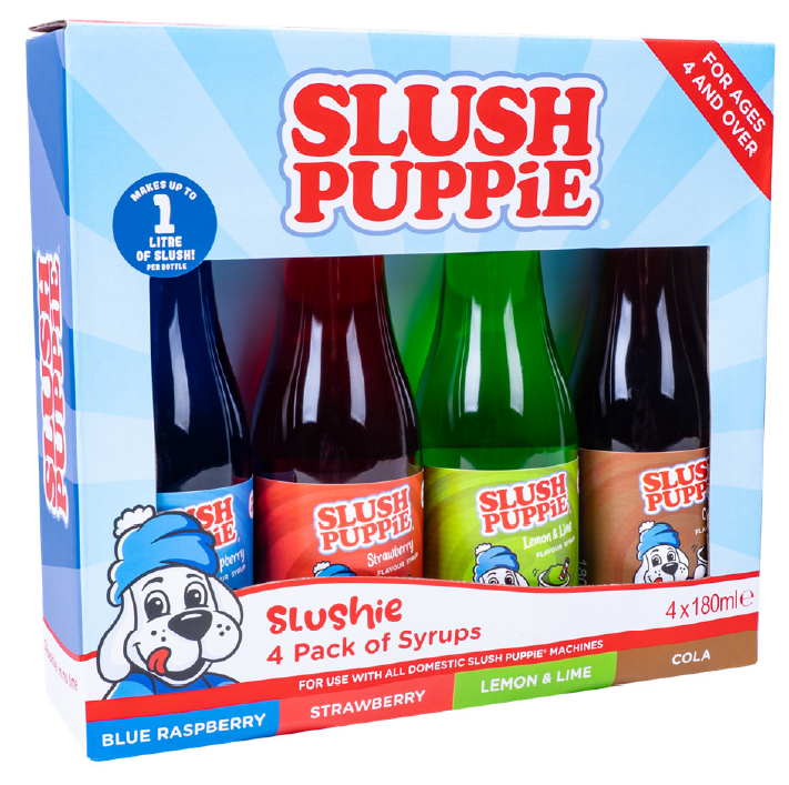 verweist auf: Produktfoto SLUSH PUPPiE 4 Pack Syrup Set - Cola, Blue Raspberry, Lemon & Lime and Strawberry flavour syrup with sweeteners (Quelle: Fizz Creations Ltd) Abgebildet ist eine blau-rot bedruckte Pappverpackung mit einem Viererpack der Slush Puppie Sirups in den Geschmacksrichtungen Blue Raspberry, Strawberry, Lemon & Lime und Cola