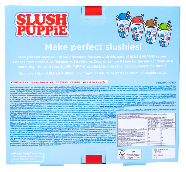 verweist auf: Produktfoto SLUSH PUPPiE 4 Pack Syrup Set - Cola, Blue Raspberry, Lemon & Lime and Strawberry flavour syrup with sweeteners (Quelle: Fizz Creations Ltd) Abgebildet ist die Rückseite der blau-rot bedruckten Pappverpackung mit einem Viererpack der Slush Puppie Sirups in den Geschmacksrichtungen Blue Raspberry, Strawberry, Lemon & Lime und Cola