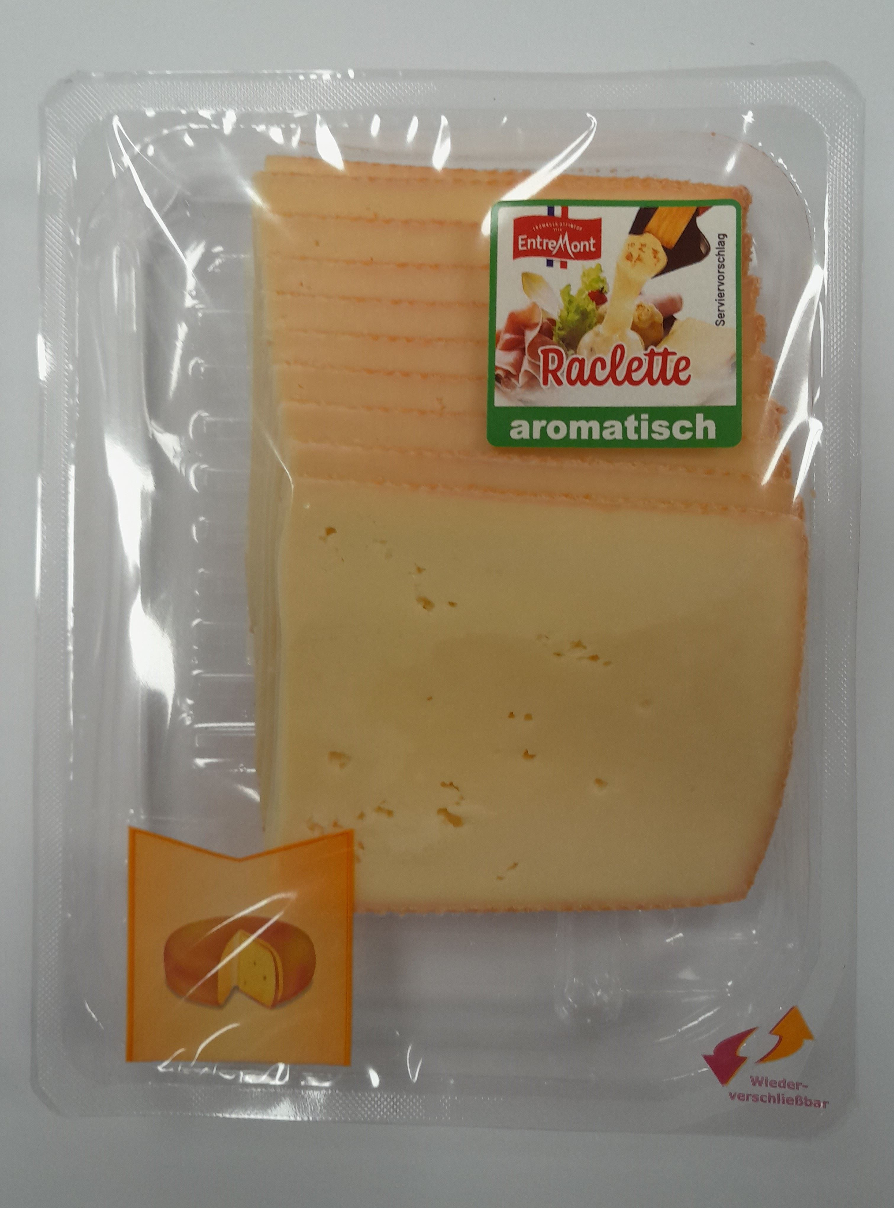 verweist auf: Raclette Entremont Verpackungsgröße 200 Gramm in Scheiben (Quelle: Quelle: Verbraucherinformation der Firma Sales & Service Aktuell GmbH) Raclette Entremont Verpackungsgröße 200 Gramm in Scheiben