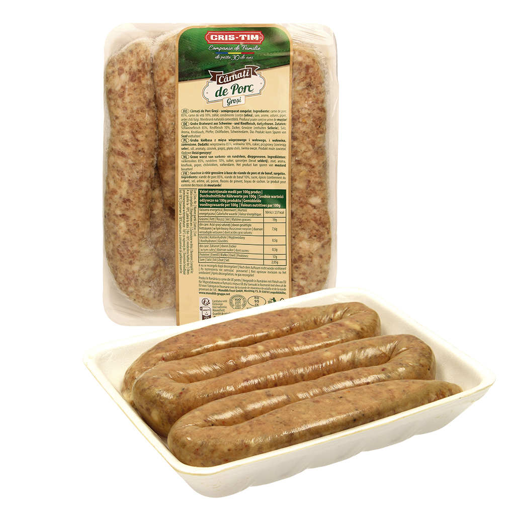 verweist auf: Produktfoto Bratwurst (Quelle: Monolith Unternehmensgruppe) Abgebildet ist eine Verpackung mit einer ungegarten, groben Bratwurst, die in Schleifen gelegt wurde.
